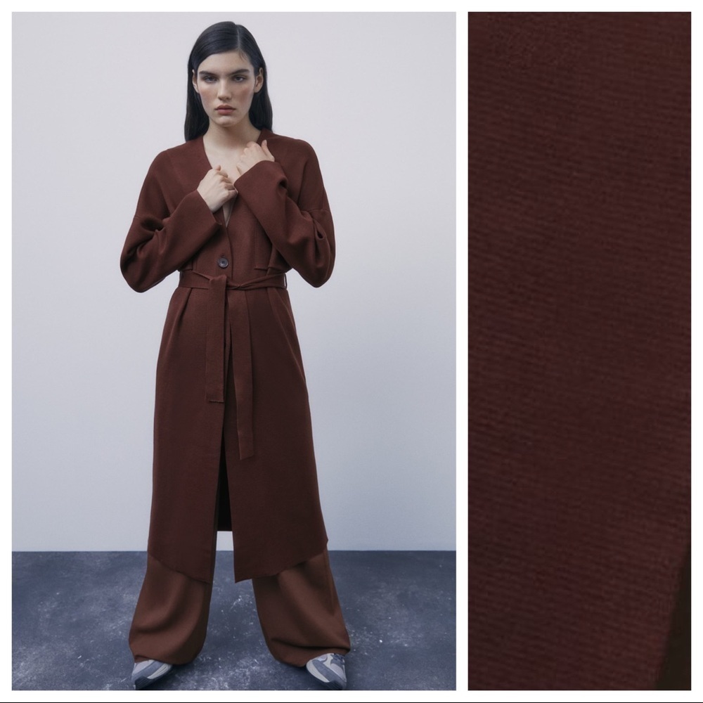 NWT. Zara Brown Knit Coat with Belt. Size S.